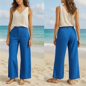 New Nicole Miller 100% Linen Pants Solid Blue Color High Rise Pockets Wide Leg